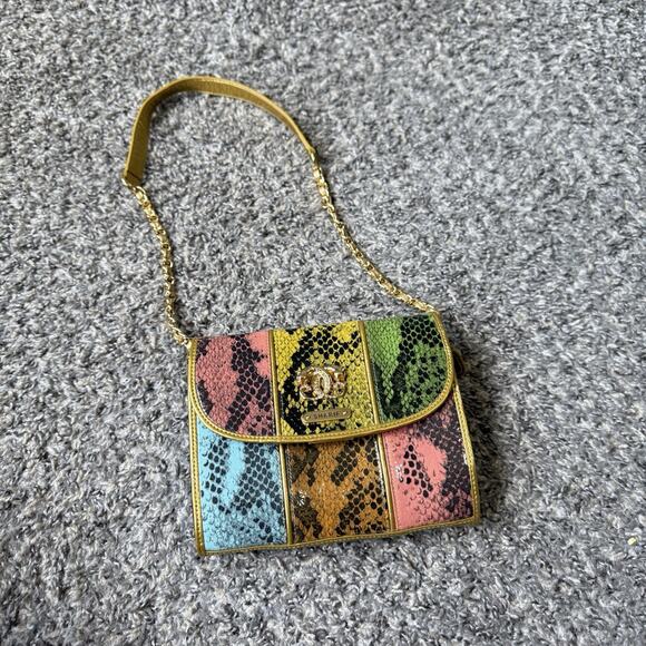 SHARIF Exotic Skin Colorful Snake Print Leather Crossbody Bag Mini Small Chain - Picture 1 of 10